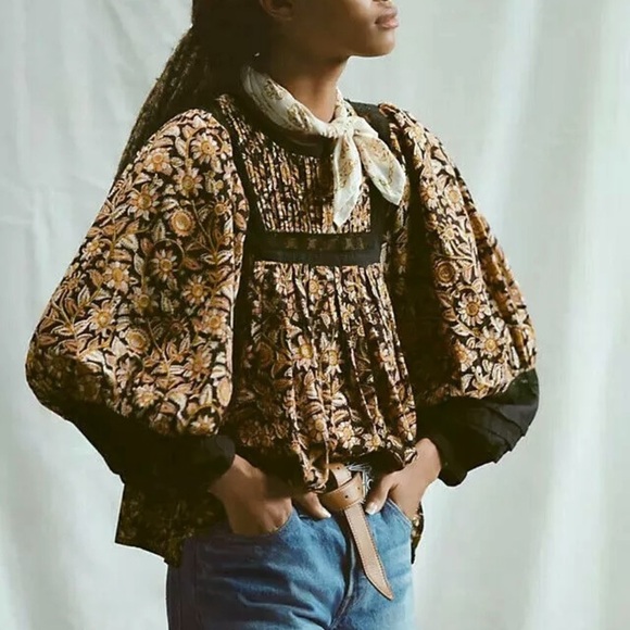 Anthropologie Cleobella Rafia Blouse Women’s Sz M Balloon Sleeves Peasant Boho - Picture 2 of 15